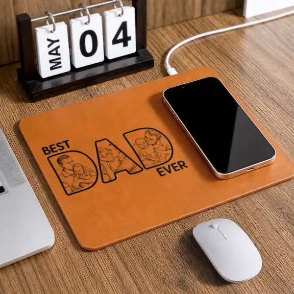 Custom Photo Bold Sketch Best Dad Ever - Personalized Leather Charging Mat