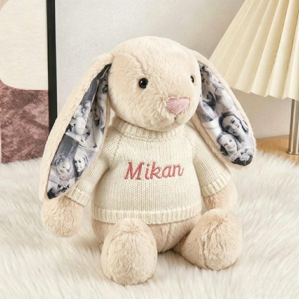 Custom Photo Bunny Plush with Personalized Name Embroidery & Hidden Ear Picture – Cute Bunny Gift for Couples, Anniversary Gifts - Photowatch