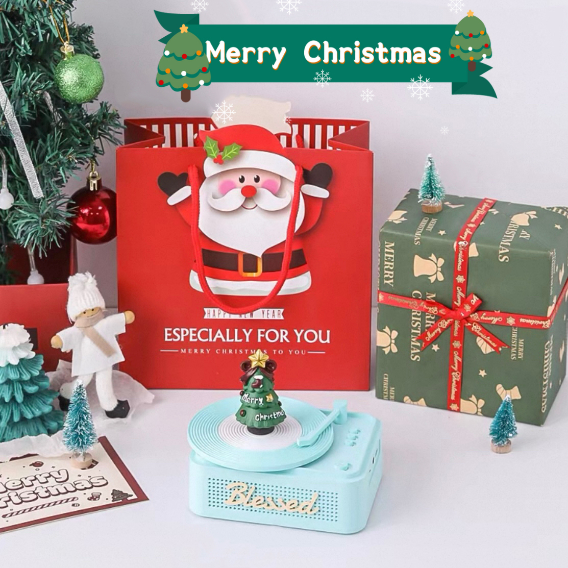 Christmas Retro Record Player Bluetooth Speaker | Rotating Christmas Tree Decor | Festive Gift with Music & Light