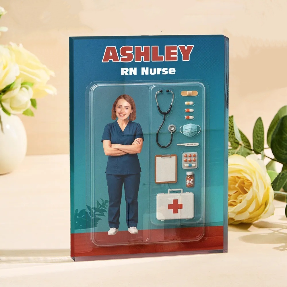 Personalized 3D Effect Nurse Action Figure Customizable Head Packaging Custom Acrylic Block Plaque Gift For Nurse