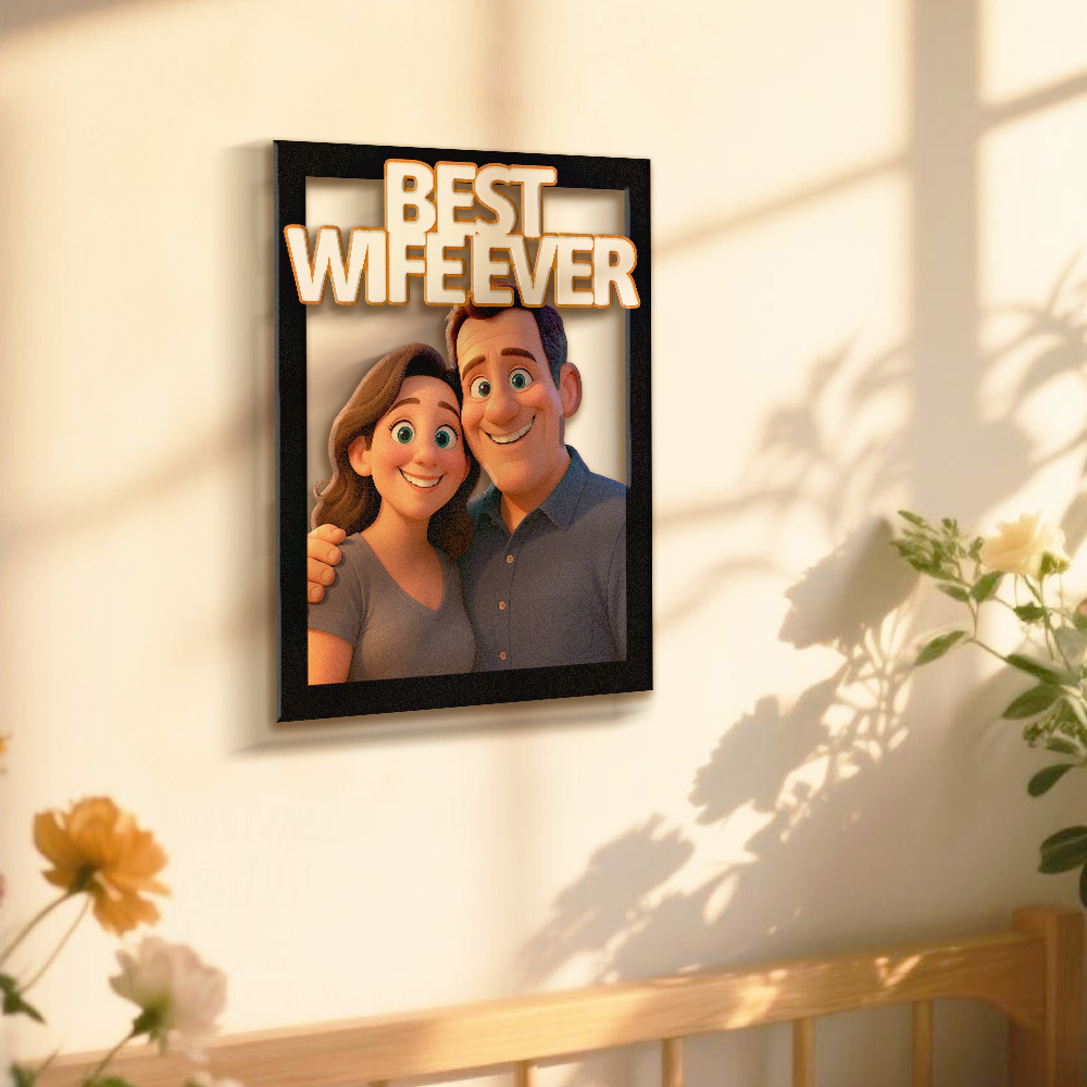 Personalized Cartoon Portrait Wall Frame Custom Wooden Cartoon Portrait Best Boyfriend GIrlfrend Unique Anniversary Birthday Holiday Gift - Photowatch