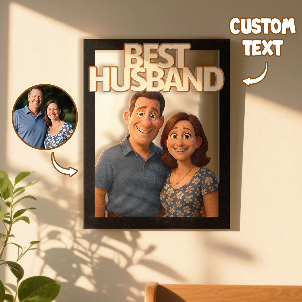 Personalized Cartoon Portrait Wall Frame Custom Wooden Cartoon Portrait Best Boyfriend GIrlfrend Unique Anniversary Birthday Holiday Gift - Photowatch