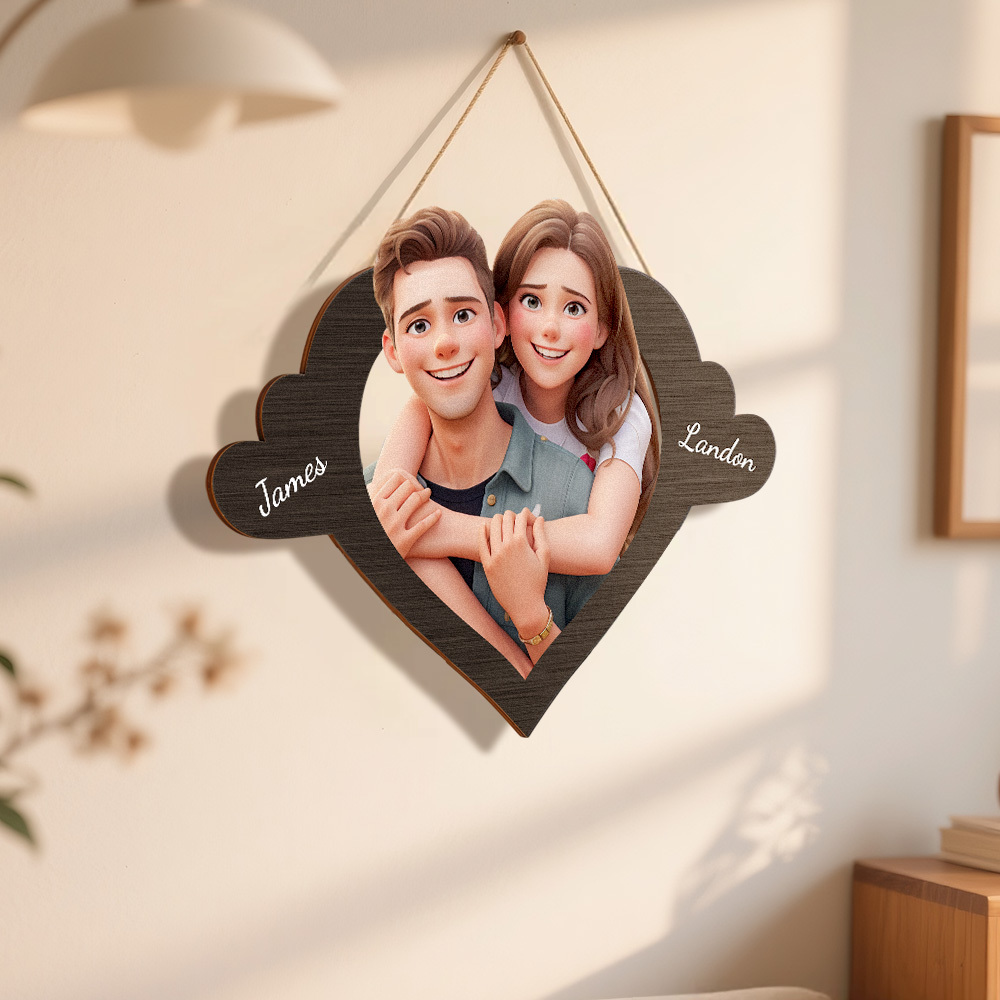 Personalized Pixar Cartoon-Style Wooden Family Name Heart-Shaped Photo Frame