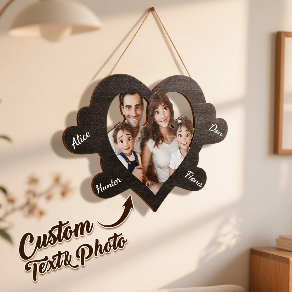 Personalized Pixar Cartoon-Style Wooden Family Name Heart-Shaped Photo Frame