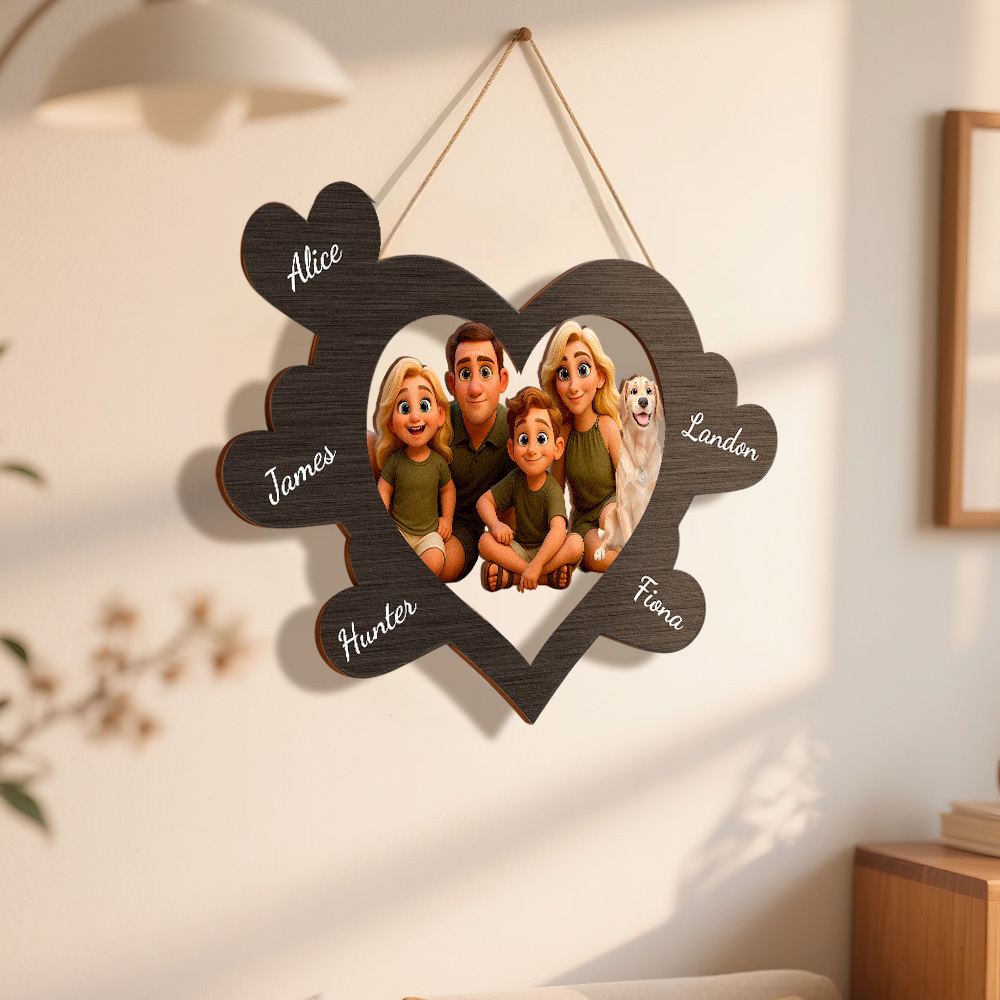Personalized Pixar Cartoon-Style Wooden Family Name Heart-Shaped Photo Frame