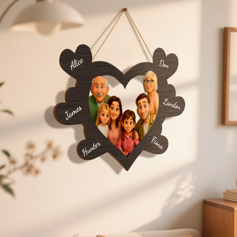 Personalized Pixar Cartoon-Style Wooden Family Name Heart-Shaped Photo Frame
