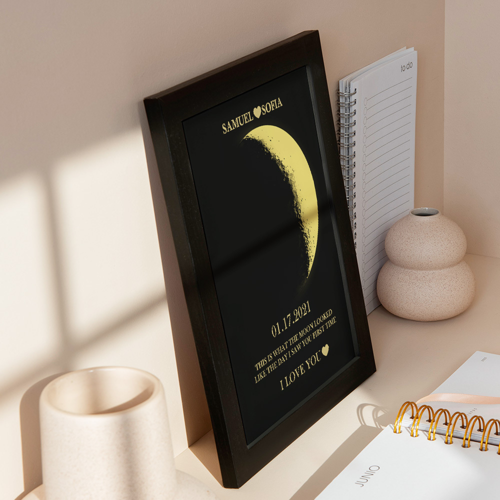 Custom Moon Phase and Names Foil Print Wooden Frame with Your Text