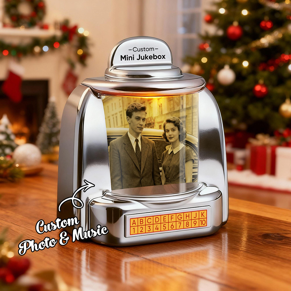 Custom Mini Jukebox Retro Speaker – Personalized Photo,Names & Date Music Mini Player with Radio | Vintage Tabletop Home Decor Nostalgic Christmas Retro Gifts