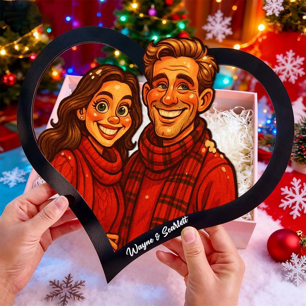Personalized Heart-Shaped Cartoon Couple Frame｜Your Photo Transformed into Custom Illustration｜Add Names & Special Dates｜Romantic Gift for Couples