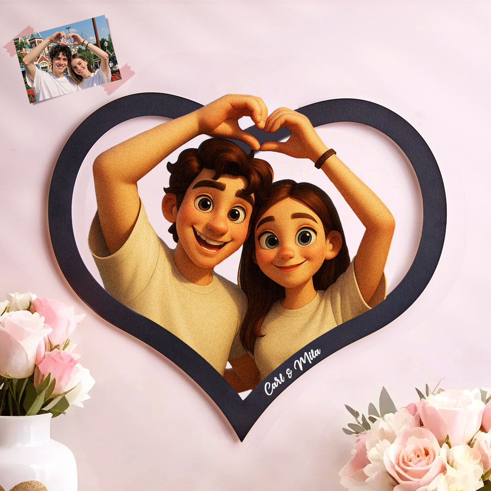 Personalized Heart-Shaped Cartoon Couple Frame｜Your Photo Transformed into Custom Illustration｜Add Names & Special Dates｜Romantic Gift for Couples
