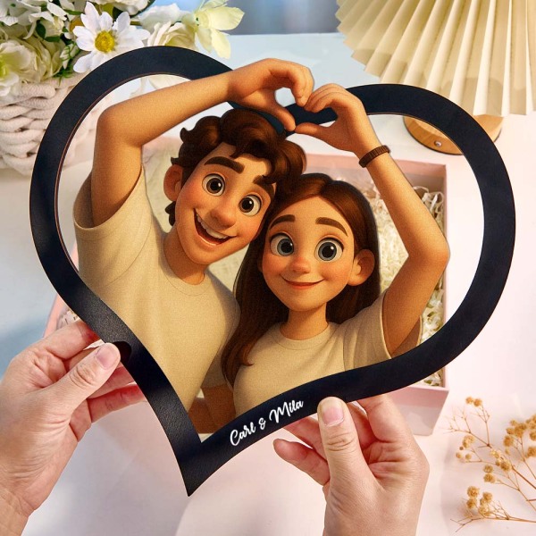 Personalized Heart-Shaped Cartoon Couple Frame｜Your Photo Transformed into Custom Illustration｜Add Names & Special Dates｜Romantic Gift for Couples