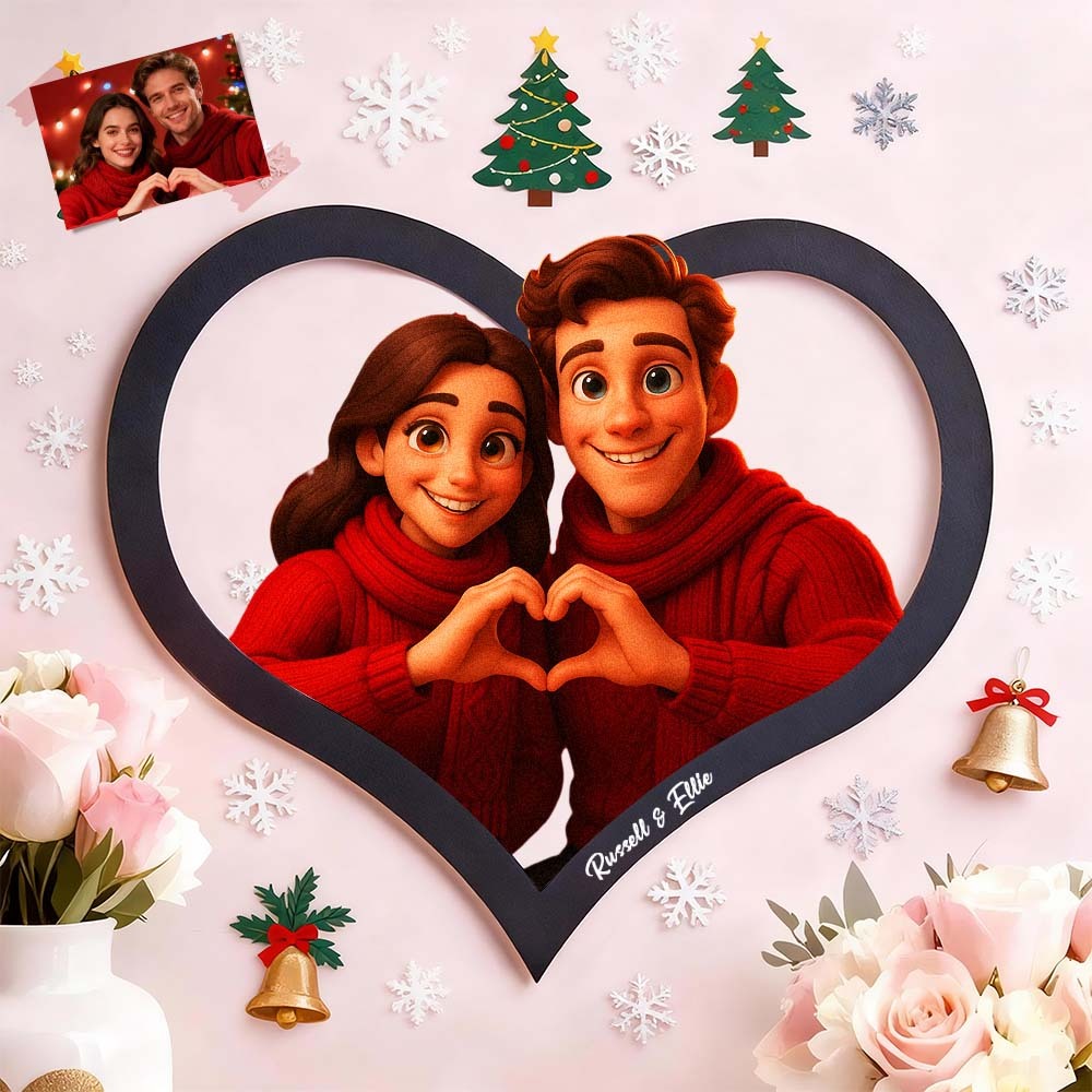 Personalized Heart-Shaped Cartoon Couple Frame｜Your Photo Transformed into Custom Illustration｜Add Names & Special Dates｜Romantic Gift for Couples