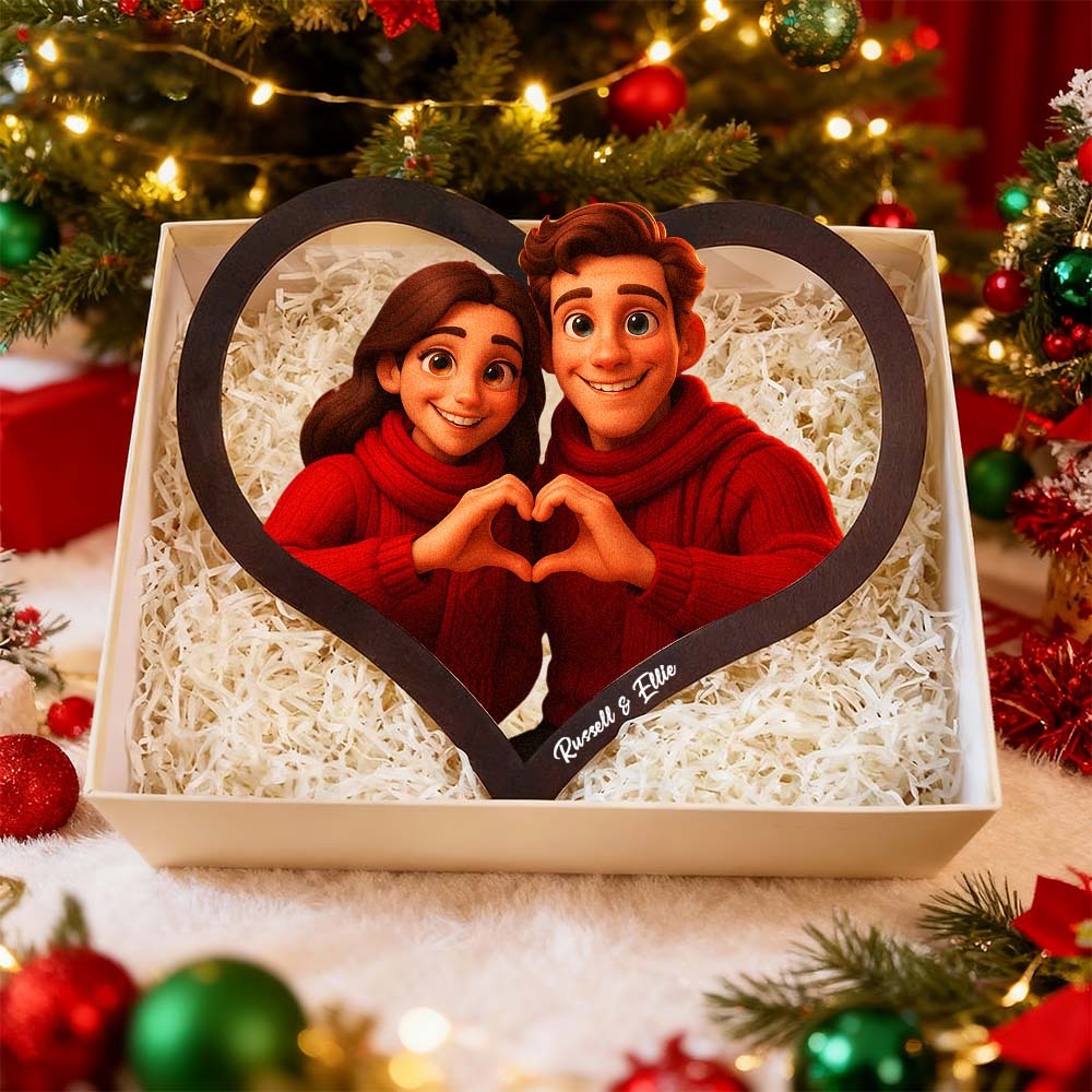 Personalized Heart-Shaped Cartoon Couple Frame｜Your Photo Transformed into Custom Illustration｜Add Names & Special Dates｜Romantic Gift for Couples