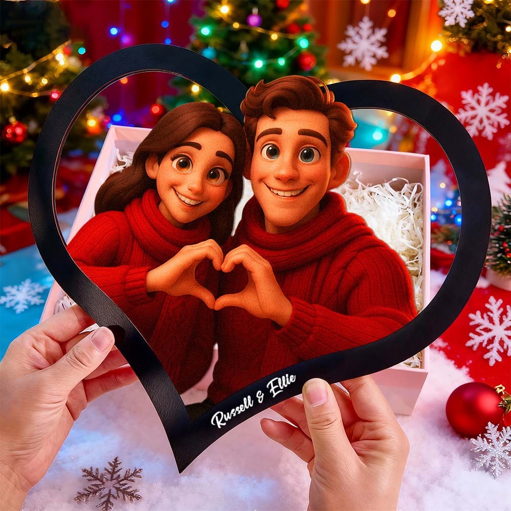 Personalized Heart-Shaped Cartoon Couple Frame｜Your Photo Transformed into Custom Illustration｜Add Names & Special Dates｜Romantic Gift for Couples