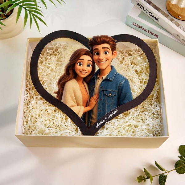 Personalized Heart-Shaped Cartoon Couple Frame｜Your Photo Transformed into Custom Illustration｜Add Names & Special Dates｜Romantic Gift for Couples