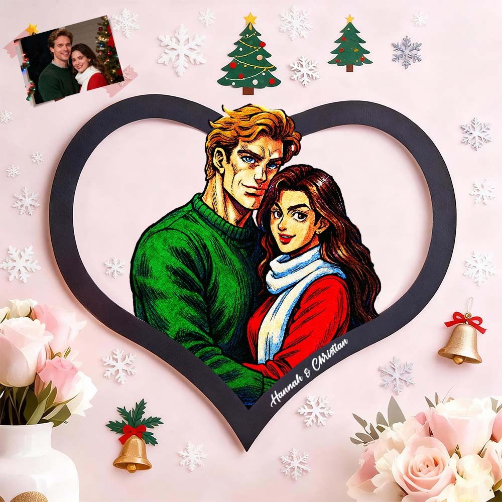 Personalized Heart-Shaped Cartoon Couple Frame｜Your Photo Transformed into Custom Illustration｜Add Names & Special Dates｜Romantic Gift for Couples