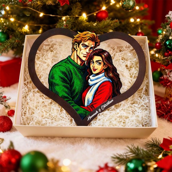 Personalized Heart-Shaped Cartoon Couple Frame｜Your Photo Transformed into Custom Illustration｜Add Names & Special Dates｜Romantic Gift for Couples