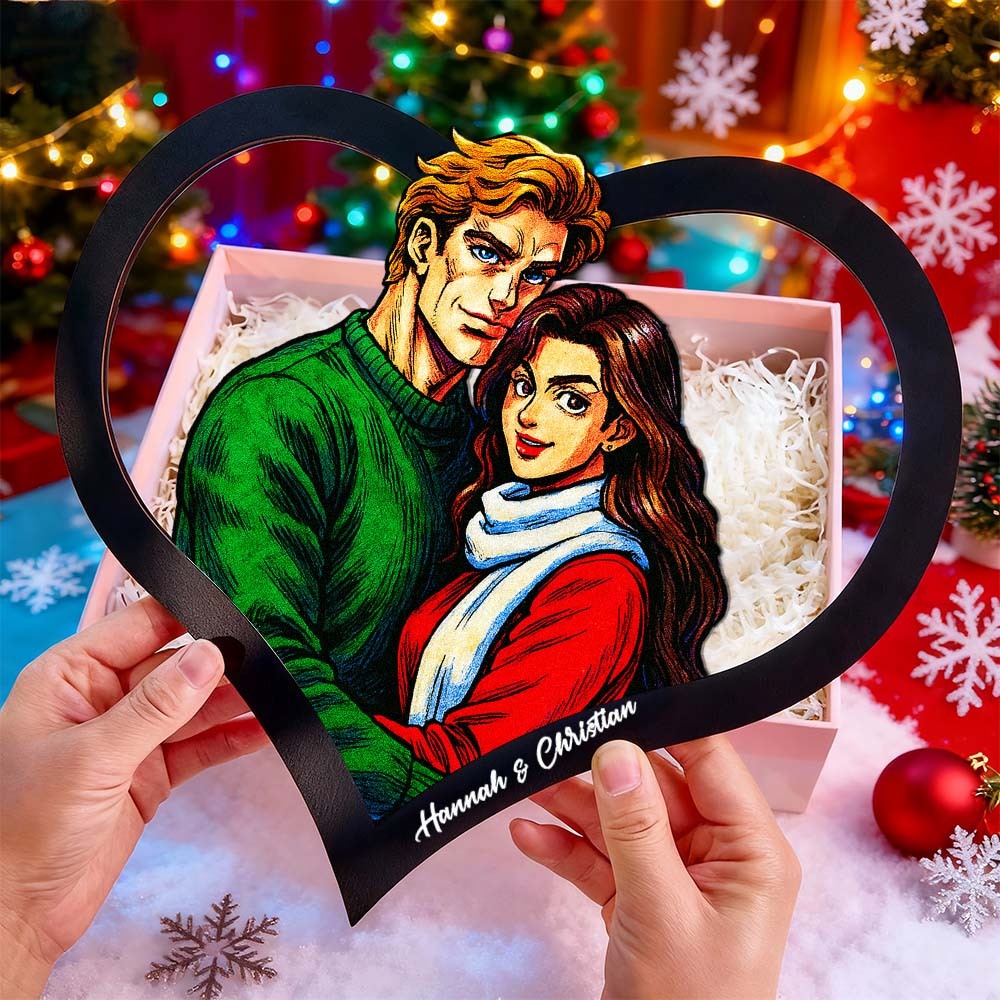 Personalized Heart-Shaped Cartoon Couple Frame｜Your Photo Transformed into Custom Illustration｜Add Names & Special Dates｜Romantic Gift for Couples