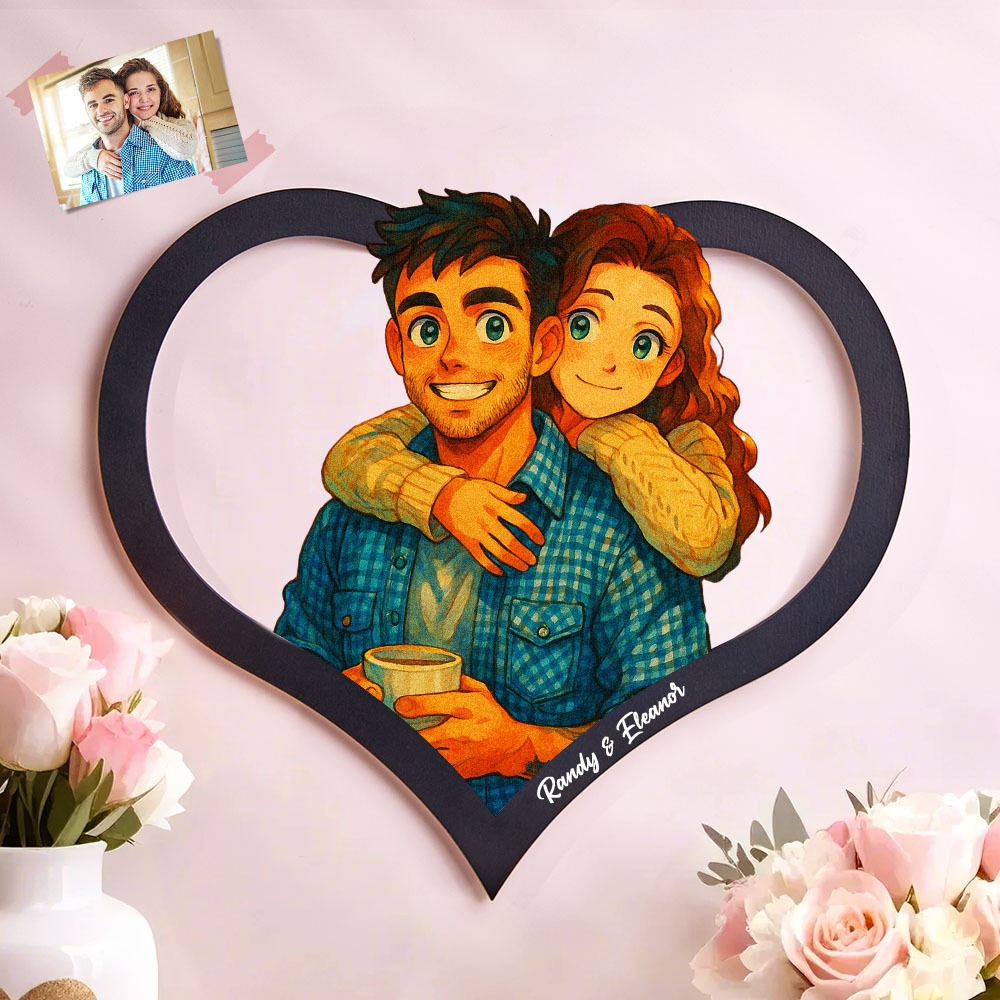 Personalized Heart-Shaped Cartoon Couple Frame｜Your Photo Transformed into Custom Illustration｜Add Names & Special Dates｜Romantic Gift for Couples