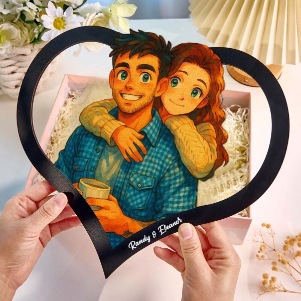 Personalized Heart-Shaped Cartoon Couple Frame｜Your Photo Transformed into Custom Illustration｜Add Names & Special Dates｜Romantic Gift for Couples