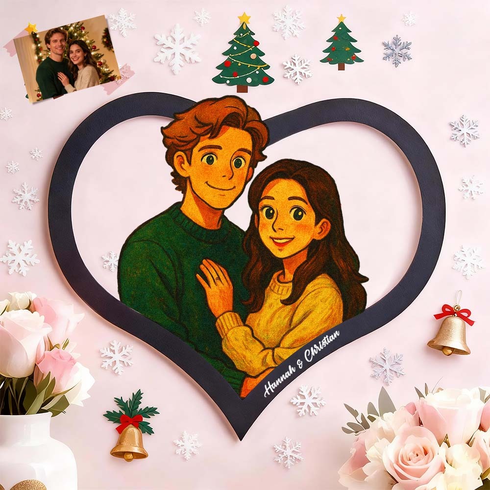 Personalized Heart-Shaped Cartoon Couple Frame｜Your Photo Transformed into Custom Illustration｜Add Names & Special Dates｜Romantic Gift for Couples