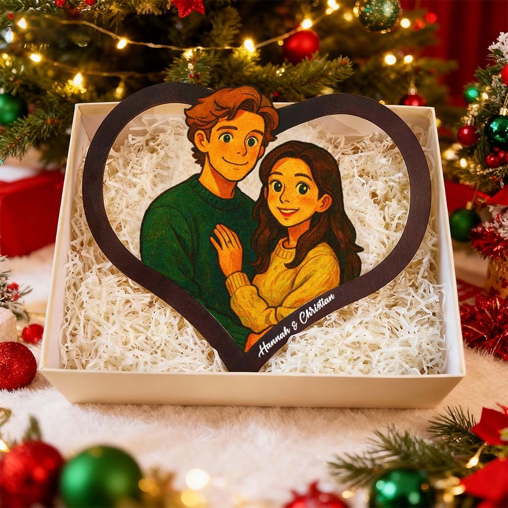 Personalized Heart-Shaped Cartoon Couple Frame｜Your Photo Transformed into Custom Illustration｜Add Names & Special Dates｜Romantic Gift for Couples