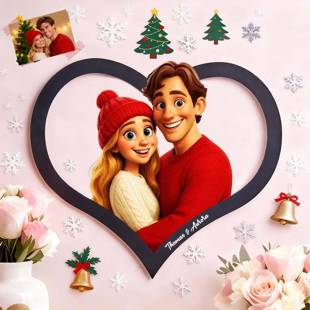 Personalized Heart-Shaped Cartoon Couple Frame｜Your Photo Transformed into Custom Illustration｜Add Names & Special Dates｜Romantic Gift for Couples
