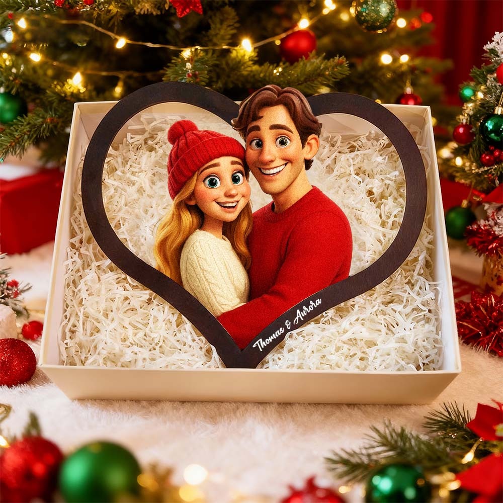 Personalized Heart-Shaped Cartoon Couple Frame｜Your Photo Transformed into Custom Illustration｜Add Names & Special Dates｜Romantic Gift for Couples