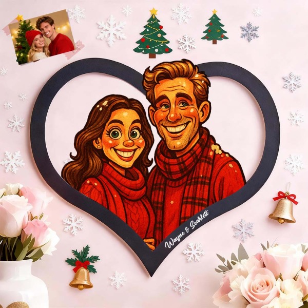 Personalized Heart-Shaped Cartoon Couple Frame｜Your Photo Transformed into Custom Illustration｜Add Names & Special Dates｜Romantic Gift for Couples
