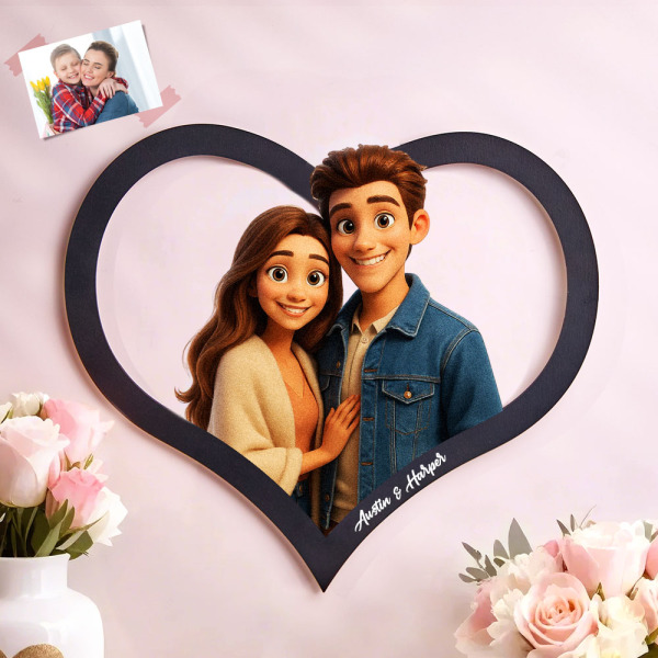 Personalized Heart-Shaped Cartoon Couple Frame｜Your Photo Transformed into Custom Illustration｜Add Names & Special Dates｜Romantic Gift for Couples