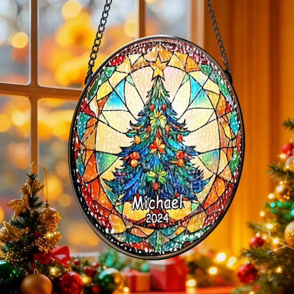 Personalized Stained Glass Christmas Tree Ornament,Christmas Handcraft Holiday Ornament with name,Premium Water Ripple Glass,Christmas GIFT