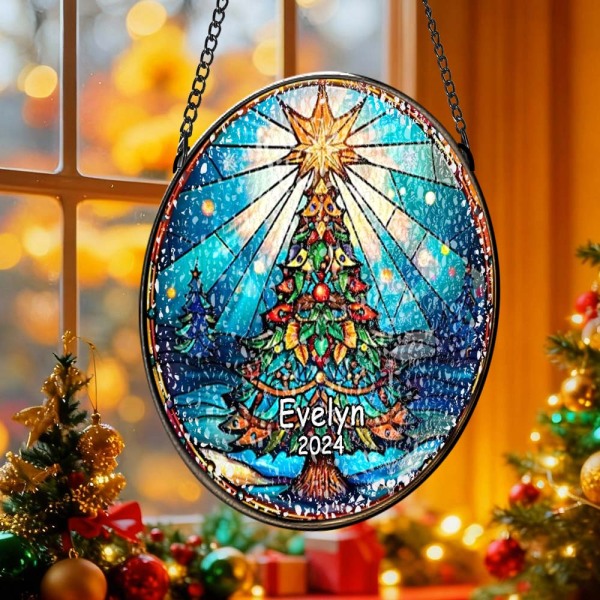 Personalized Stained Glass Christmas Tree Ornament,Christmas Handcraft Holiday Ornament with name,Premium Water Ripple Glass,Christmas GIFT