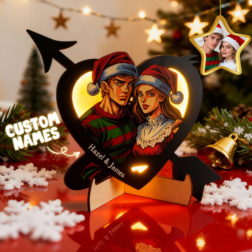 Customized Christmas Couple Cartoon Light｜Heart & Cupid Arrow Design with Personalized Names｜Romantic Holiday Gift