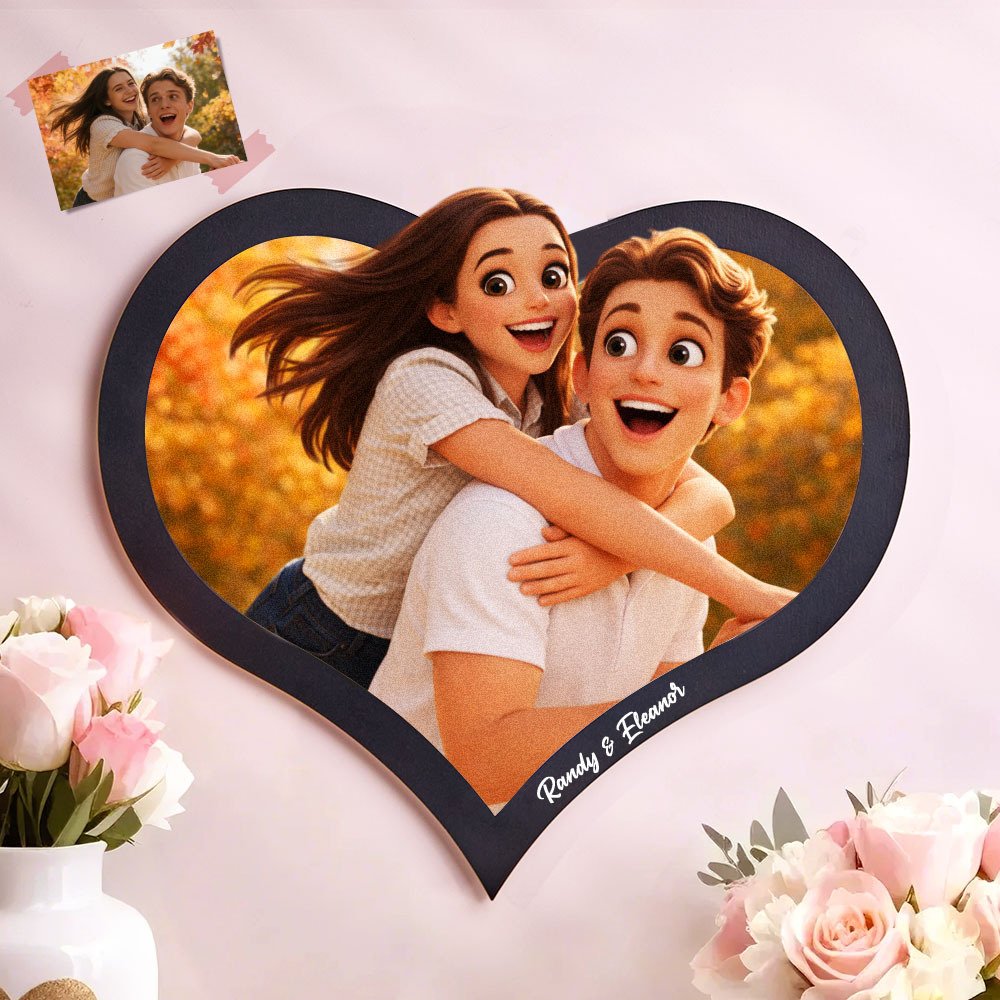 Personalized Heart Photo Frame, Custom Cartoon Couple Portrait for Valentine’s Day