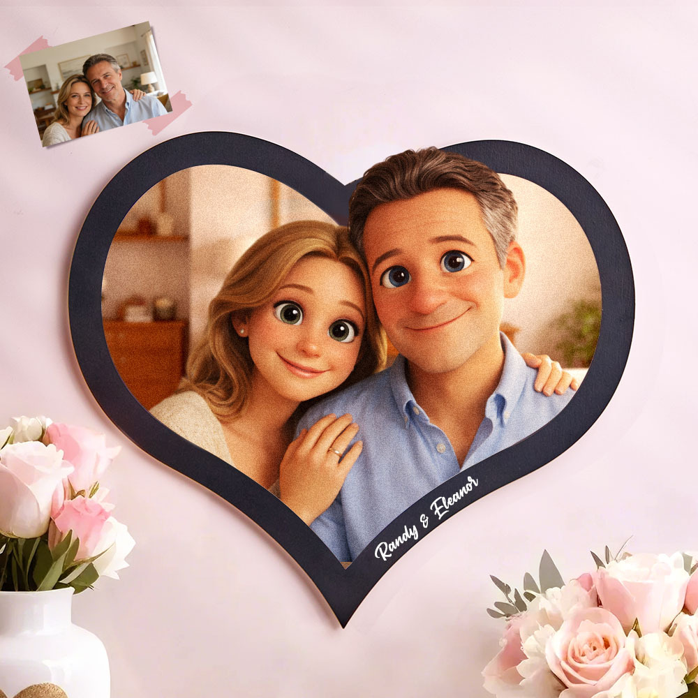 Personalized Heart Photo Frame, Custom Cartoon Couple Portrait for Valentine’s Day