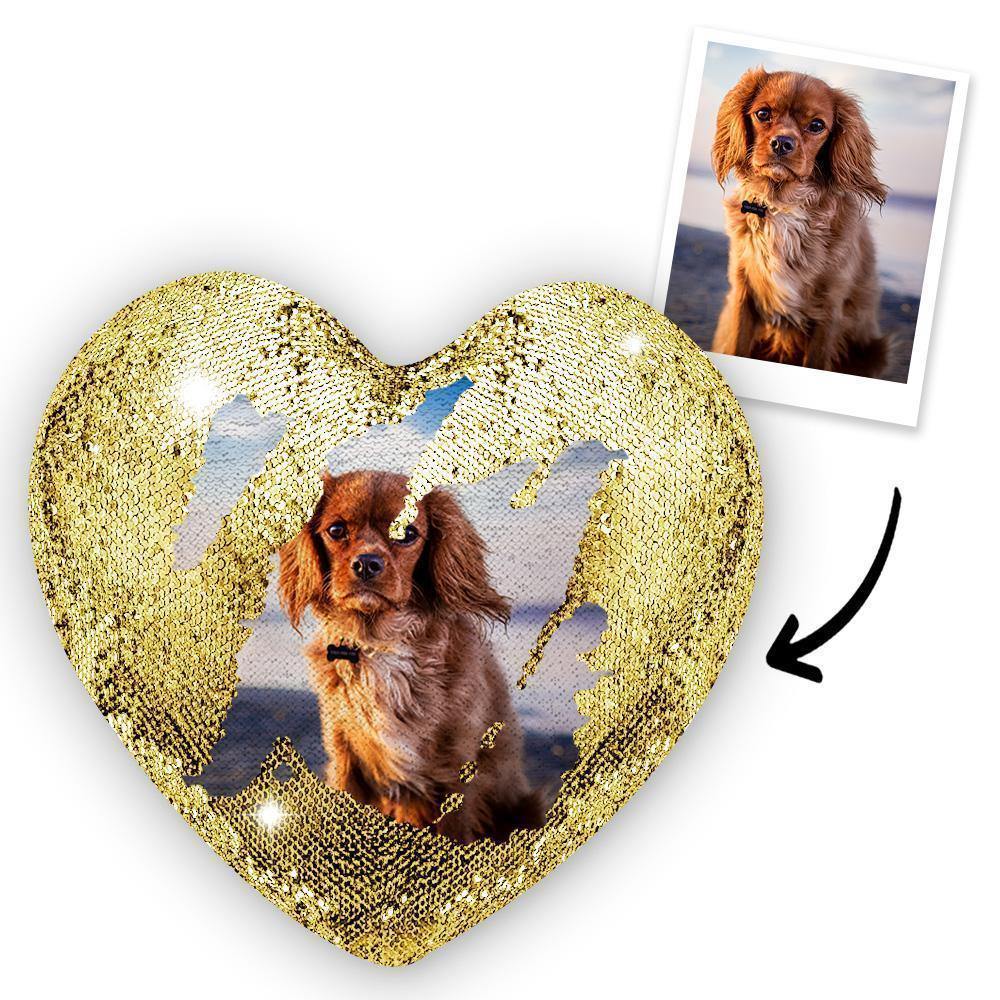 Custom Photo Pet Magic Heart Sequin Cushion Pillow - photowatch