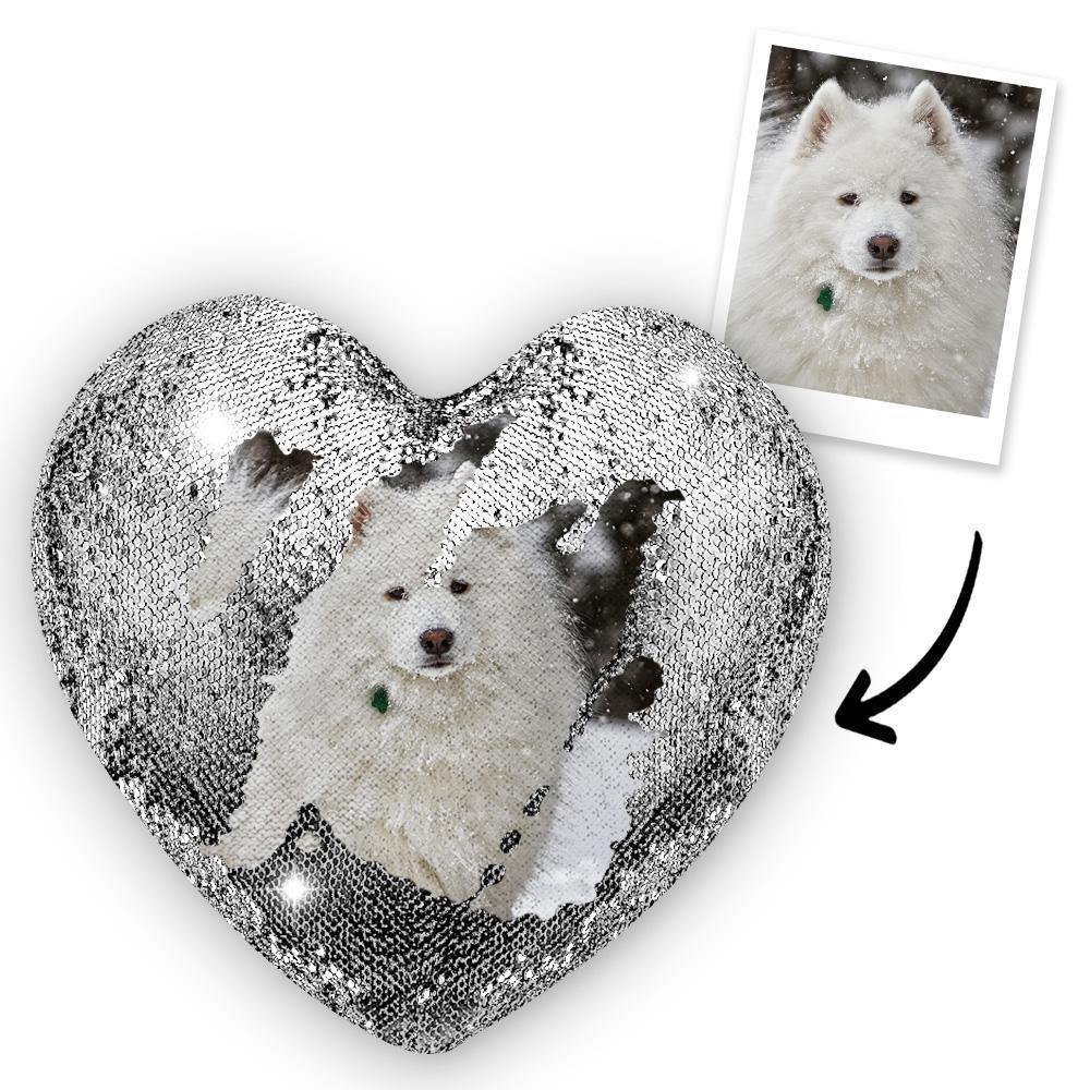 Custom Photo Pet Magic Heart Sequin Cushion Pillow - photowatch