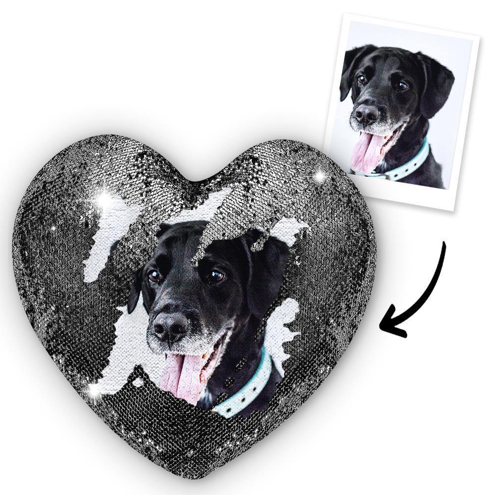 Custom Photo Pet Magic Heart Sequin Cushion Pillow - photowatch