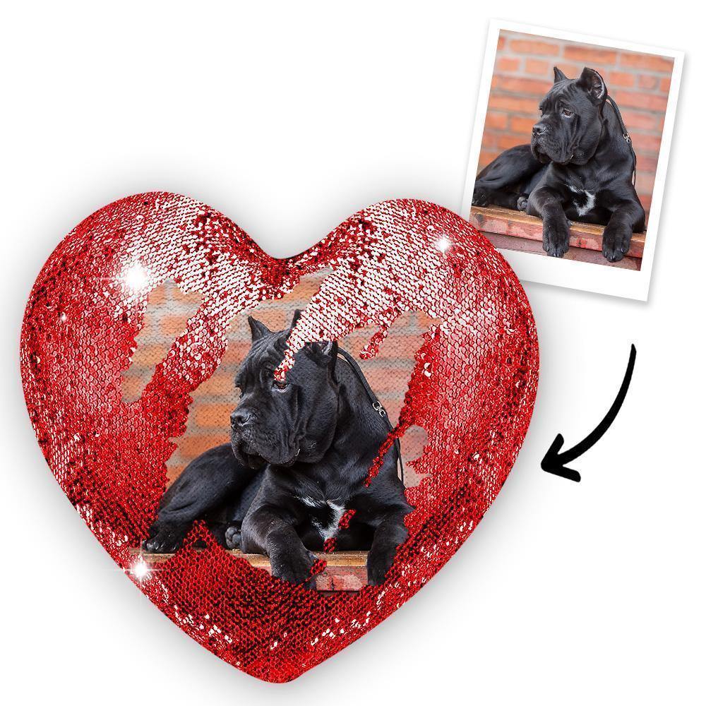 Custom Photo Pet Magic Heart Sequin Cushion Pillow - photowatch