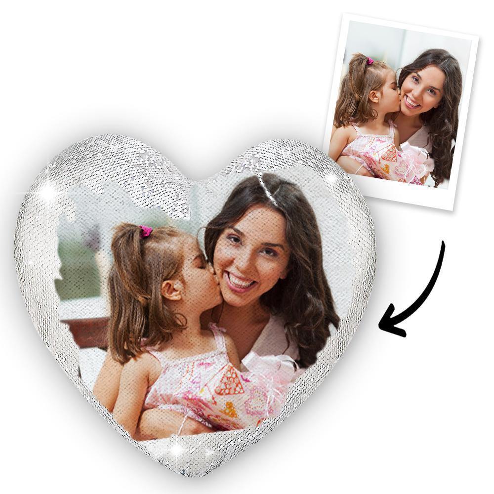 Gifts for Mom Custom Photo Magic Heart Sequin Cushion Pillow - photowatch