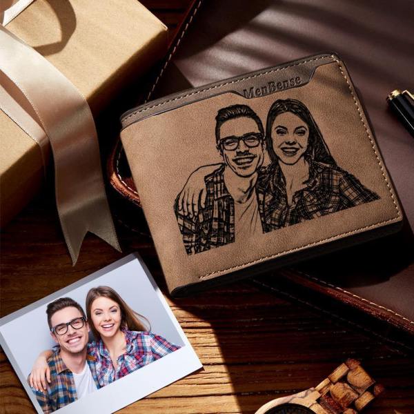 Men's Custom Photo Engraved Wallet Bifold Short Wallet Brown First Father's Day Presents From Wife - firstfathersdaygifts