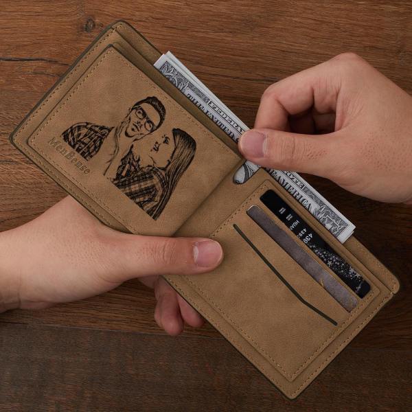 Men's Custom Photo Engraved Wallet Bifold Short Wallet Brown First Father's Day Presents From Wife - firstfathersdaygifts