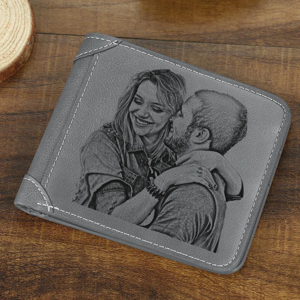 Men's Custom Photo Engraved Wallet Grey Leather Father's Fay Gifts For New Dads - firstfathersdaygifts