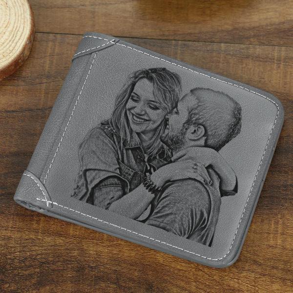 Men's Custom Photo Engraved Wallet Grey Leather Father's Fay Gifts For New Dads - firstfathersdaygifts