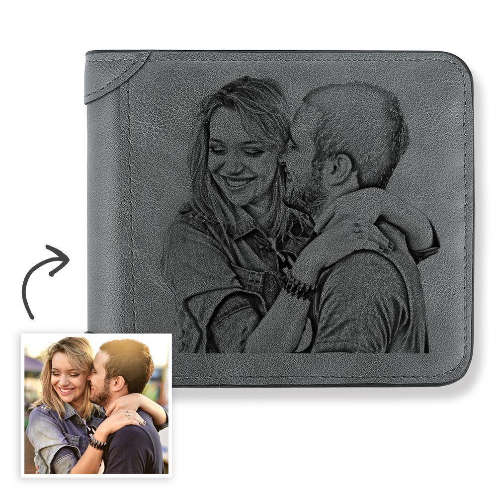 Men's Custom Photo Engraved Wallet Grey Leather Father's Fay Gifts For New Dads - firstfathersdaygifts