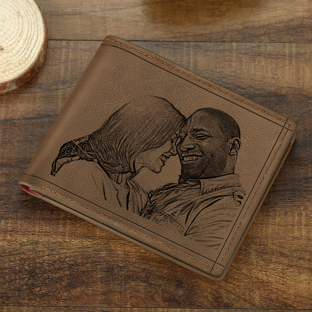 Men's Custom Photo Engraved Wallet Brown Leather New Dad Gift Ideas For Husband - firstfathersdaygifts