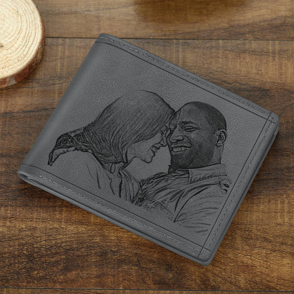 Men's Custom Photo Engraved Wallet Grey Leather Best First Father's Day Gifts For Dad - firstfathersdaygifts