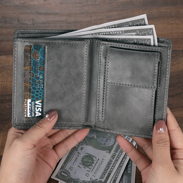 Men's Custom Photo Engraved Wallet Grey Leather First Father's Day Ideas For Husband - firstfathersdaygifts