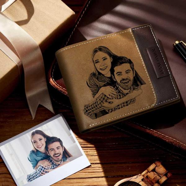 Men's Custom Photo Engraved Wallet RFID Blocking Wallet Brown Best Gifts For New Dads For Him - firstfathersdaygifts