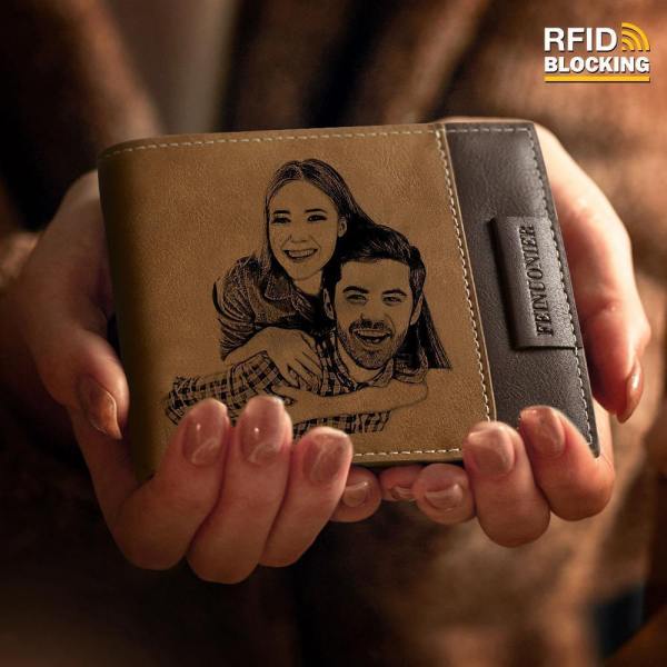 Men's Custom Photo Engraved Wallet RFID Blocking Wallet Brown Best Gifts For New Dads For Him - firstfathersdaygifts